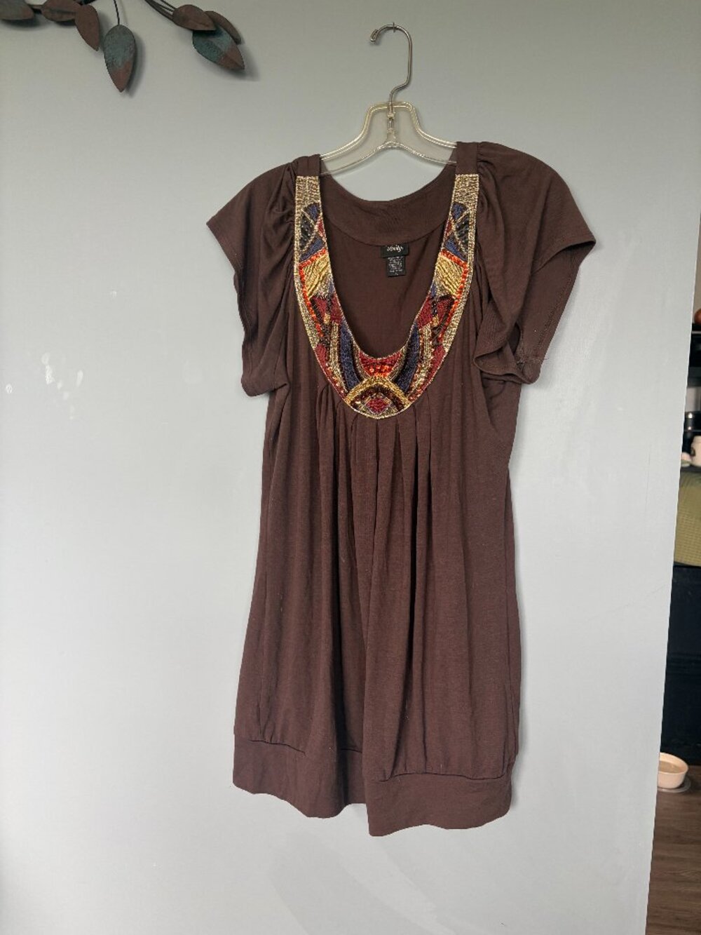 Vanity Brand Brown Scoop Neck Beaded Mini Dress Size XL